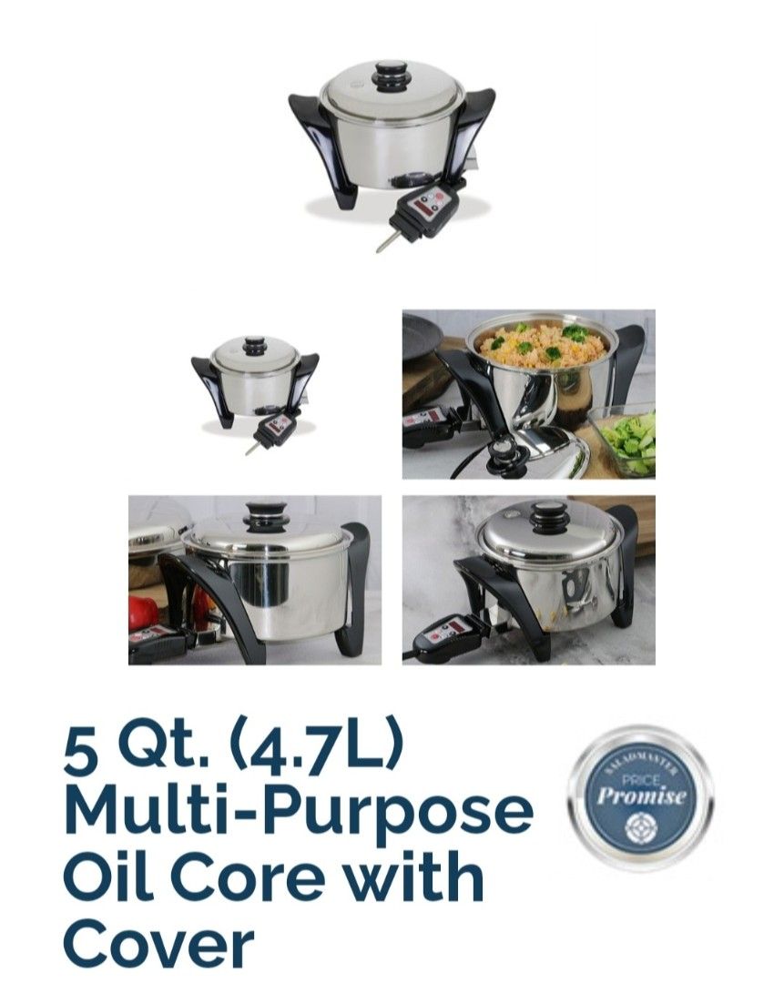 Saladmaster 5 Qt. Multi-Purpose Oil Core Cooker (Category: Cookers) located in Pasig City. Submitted by authentictin (Listing ID 1401453006, Image 1). Description: - Brand new Saladmaster 5 Qt. (4.7L) electric cooker - Multi-purpose oil core - Includes temperature control - Still in original packaging with box.