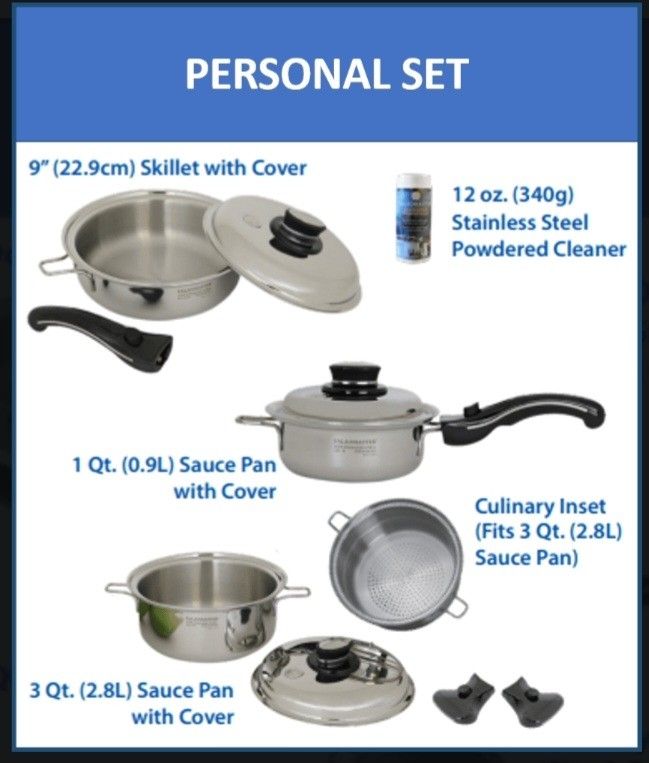 Saladmaster Personal Set (Category: Cookware & Accessories) located in Pasig City. Submitted by authentictin (Listing ID 1401490626, Image 1). Description: Personal cookware set includes a 9" skillet with cover, a 1 Qt. sauce pan with cover, and a 3 Qt. sauce pan with cover. It also comes with a culinary inset (fits 3 Qt. sauce pan) and a 12 oz. stainless steel powdered cleaner. Perfect for small kitchens or individual cooking needs..