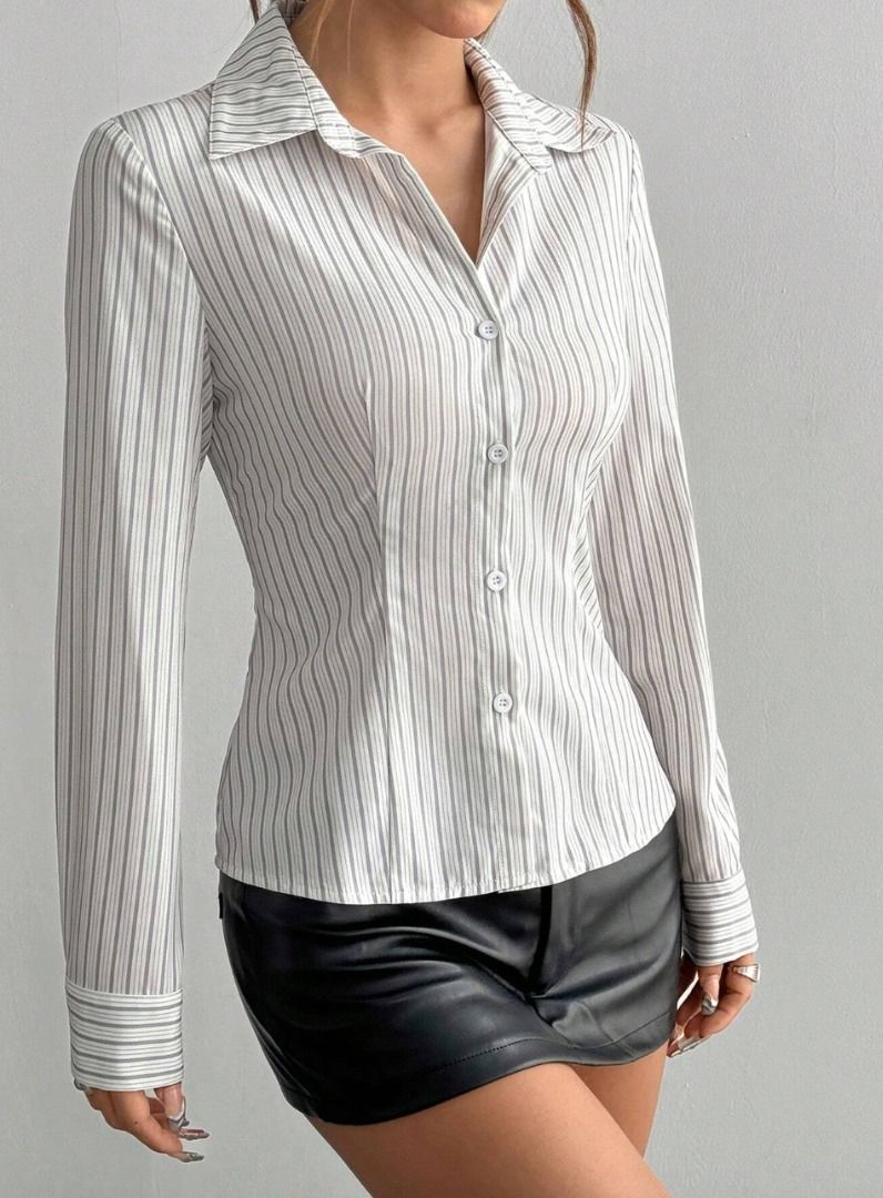 SHEIN Buttoned Long Sleeve Striped Shirt Blouse (Category: Blouses) located in Binan City. Submitted by lexiieverse (Listing ID 1401362204, Image 3). Description: Only used once for my halloween costume! .
