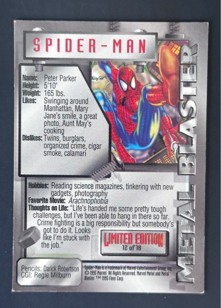 Spider-Man - 1995 Marvel Metal Blaster Insert Card (Category: Raw Singles) located in Mandaluyong City. Submitted by collectorsobsessions (Listing ID 1401421204, Image 2). Description: - Not Mint, with corner issues. - PRICE: P250.
