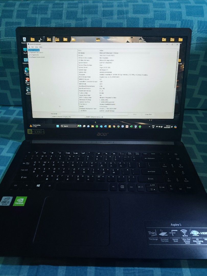 Acer Aspire 5 Laptop (Category: Laptops & Notebooks) located in Makati City. Submitted by ptr_esc (Listing ID 1396386386, Image 2). Description: - Acer Aspire 5 Laptop 10Gen - Intel Core i5-10210U Processor - 8GB RAM - 512GB SSD - Windows 11 Home - Standard Keyboard - Black Color issue: left key cap natanggal pero working pa rin inclusion: charger, laptop bag, laptop fan cooler.