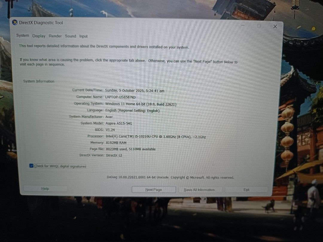 Acer Aspire 5 Laptop (Category: Laptops & Notebooks) located in Makati City. Submitted by ptr_esc (Listing ID 1396386386, Image 3). Description: - Acer Aspire 5 Laptop 10Gen - Intel Core i5-10210U Processor - 8GB RAM - 512GB SSD - Windows 11 Home - Standard Keyboard - Black Color issue: left key cap natanggal pero working pa rin inclusion: charger, laptop bag, laptop fan cooler.