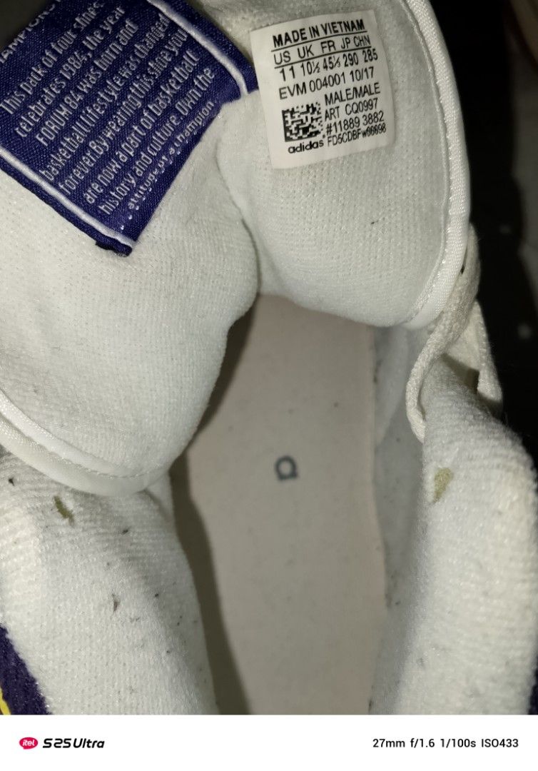 Adidas Forum 84 High Top Sneakers (Category: Sneakers) located in Manila. Submitted by marcus42 (Listing ID 1396394449, Image 3). Description: - Adidas Forum 84 high-top sneakers - Color: White, Yellow, and Purple - Features Adidas logo - High-top design - Strap closure - Rubber sole - Made in Vietnam - Size: US 11, UK 10 1/2, EUR 45 1/3.