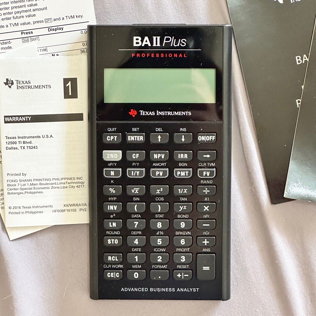 BA II Plus Professional Financial Calculator (Category: Office & Business Technology) located in Pasig City. Submitted by luxbyashopaholic (Listing ID 1396315890, Image 1). Description: - Used ONCE ONLY for exam - NO issues - With original packaging and warranty - Brand: Texas Instruments - Approved for CFA and GARP exam - Negotiable for sure buyers - No lowballing, used only once wala pang 2hrs - RFS: Only used for exam, not needed anymore Proud