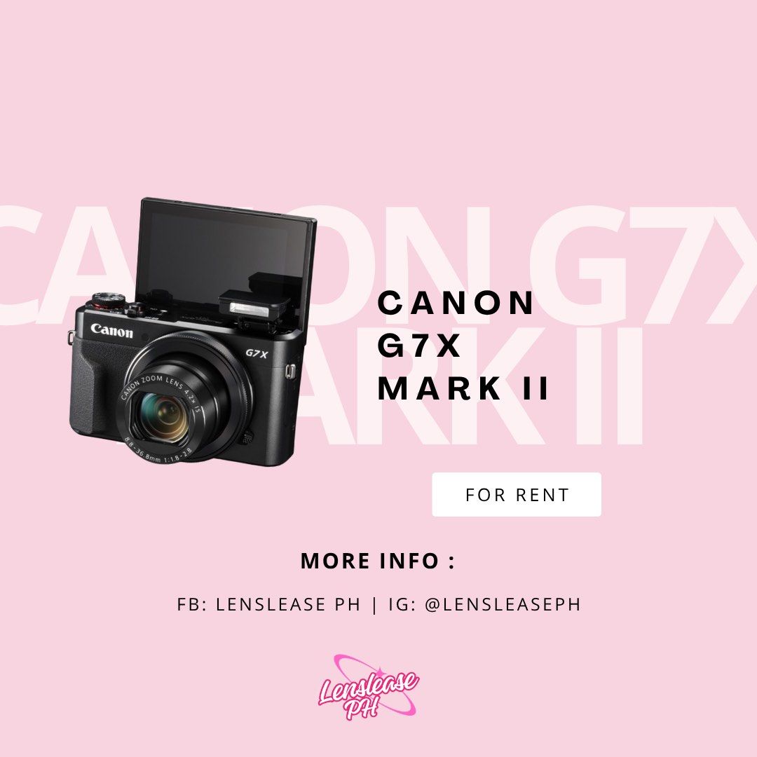 Canon G7X Mark II for Rent (Category: Cameras) located in Manila. Submitted by aa.declutterr (Listing ID 1396423941, Image 1). Description: canon g7x mark ii for rent! 📸 1-3 days = ₱550/day 4 days U = ₱500/day DM us to book! 💌 FB: Lenslease PH | IG: @lensleaseph.