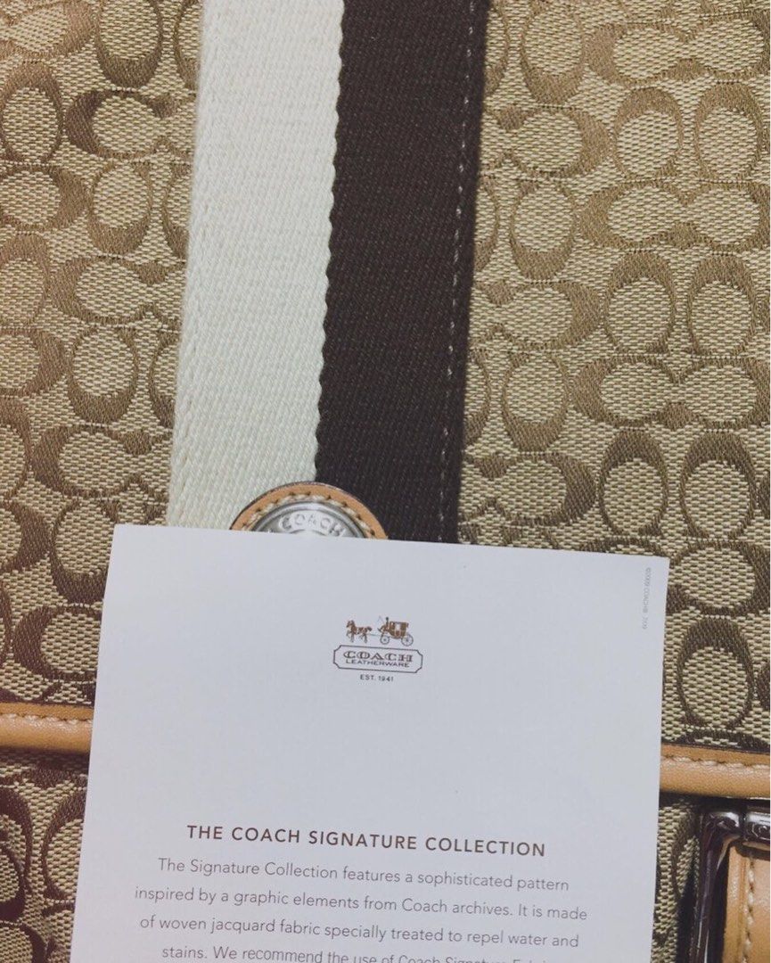 Coach Voyager Messenger Bag School Bag (Category: Luxury Bags & Wallets) located in Quezon City. Submitted by louiesaaa (Listing ID 1396455615, Image 1). Description: -Good as new - Brown and beige monogram pattern - Central stripe detail - Two front pockets with buckle closures - Coach logo emblem .