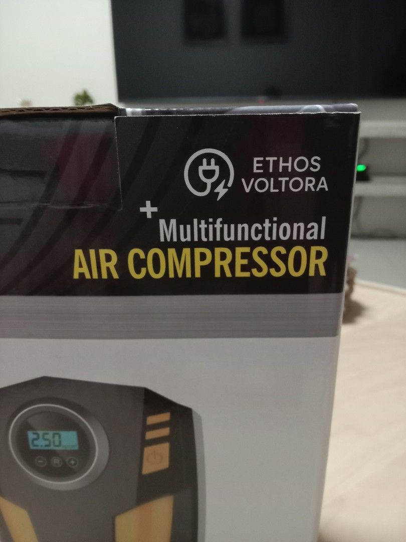 Ethos Voltora Multifunctional Air Compressor (Category: Construction Tools & Equipment) located in Marikina City. Submitted by jaebe (Listing ID 1396387478, Image 2). Description: - Ethos Voltora Air Compressor - DC 12V, 100W - Max Pressure: 100psi - Quick Connector Included - Inflates in 60 seconds - Cord Length: 3.0m - Air Hose Length: 50cm.