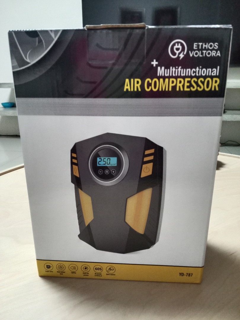 Ethos Voltora Multifunctional Air Compressor (Category: Construction Tools & Equipment) located in Marikina City. Submitted by jaebe (Listing ID 1396387478, Image 1). Description: - Ethos Voltora Air Compressor - DC 12V, 100W - Max Pressure: 100psi - Quick Connector Included - Inflates in 60 seconds - Cord Length: 3.0m - Air Hose Length: 50cm.