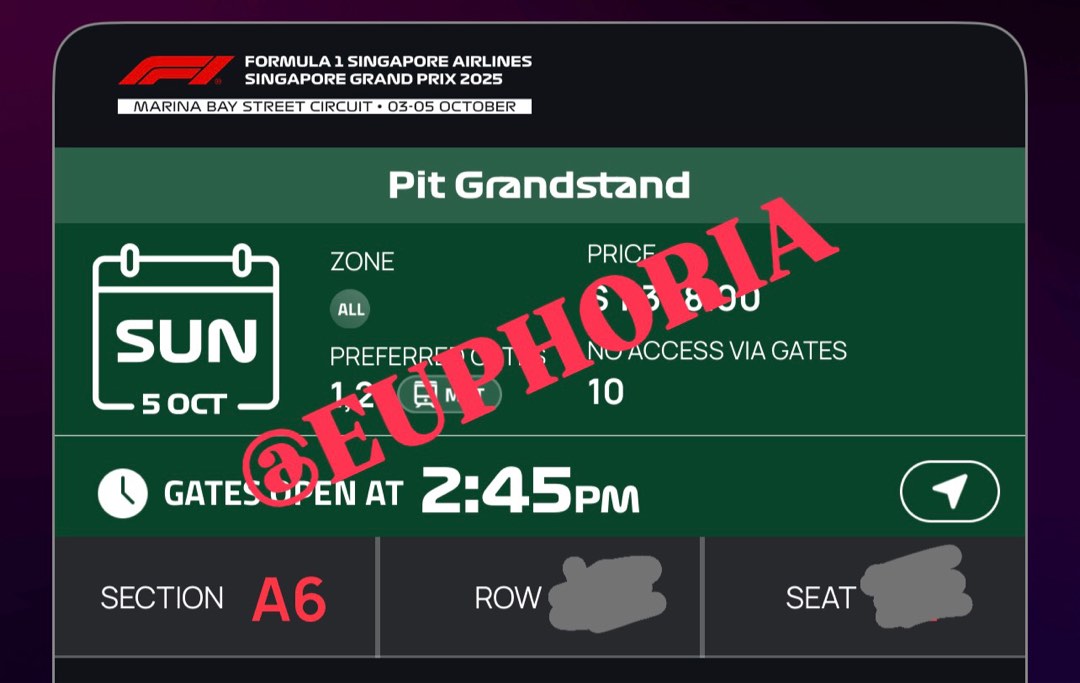 Gp Tickets F1 Formula One Sunday 5 Oct Pit Grandstand Ticket Singapore Grand Prix ...