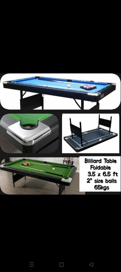 Foldable Billiard Table 3.5 x 6.5 ft (Category: Billiards and Bowling) located in Quezon City. Submitted by edxchii (Listing ID 1396352250, Image 1). Description: Re Stock! Brand New✅ - Foldable billiard table - Green felt surface - Size: 3.5 x 6.5 ft - Weight: 65kg - Includes: billiard balls, 2 cues, triangle rack, brush - Features pockets - Easy setup and fold-away storage Pm for inquiries..