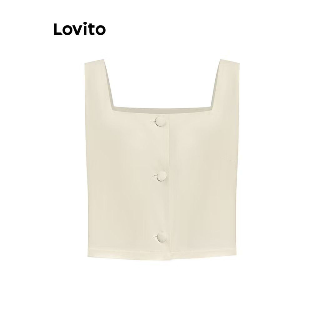 Lovito Women Casual Plain Button Tank Top (Category: Sleeveless) located in Manila. Submitted by warmwolf-e864 (Listing ID 1396296952, Image 2). Description: - Lovito square neck top - Sleeveless design - Square neckline - Button-down front - Light, possibly linen-like fabric - Color: Apricot - Size: EU 34 US4 RFS : Decluttering Note : No issue ; Not yet use (fit only) ; no tag.