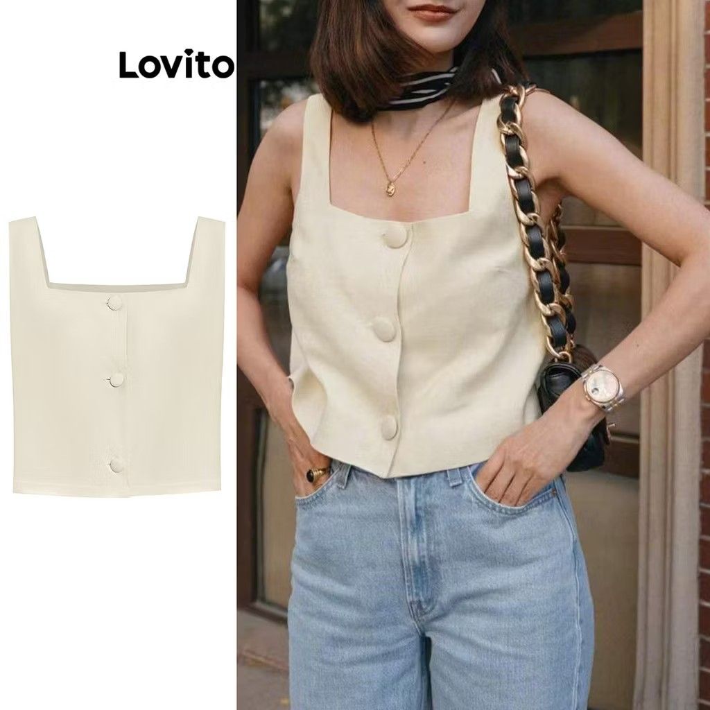 Lovito Women Casual Plain Button Tank Top (Category: Sleeveless) located in Manila. Submitted by warmwolf-e864 (Listing ID 1396296952, Image 1). Description: - Lovito square neck top - Sleeveless design - Square neckline - Button-down front - Light, possibly linen-like fabric - Color: Apricot - Size: EU 34 US4 RFS : Decluttering Note : No issue ; Not yet use (fit only) ; no tag.
