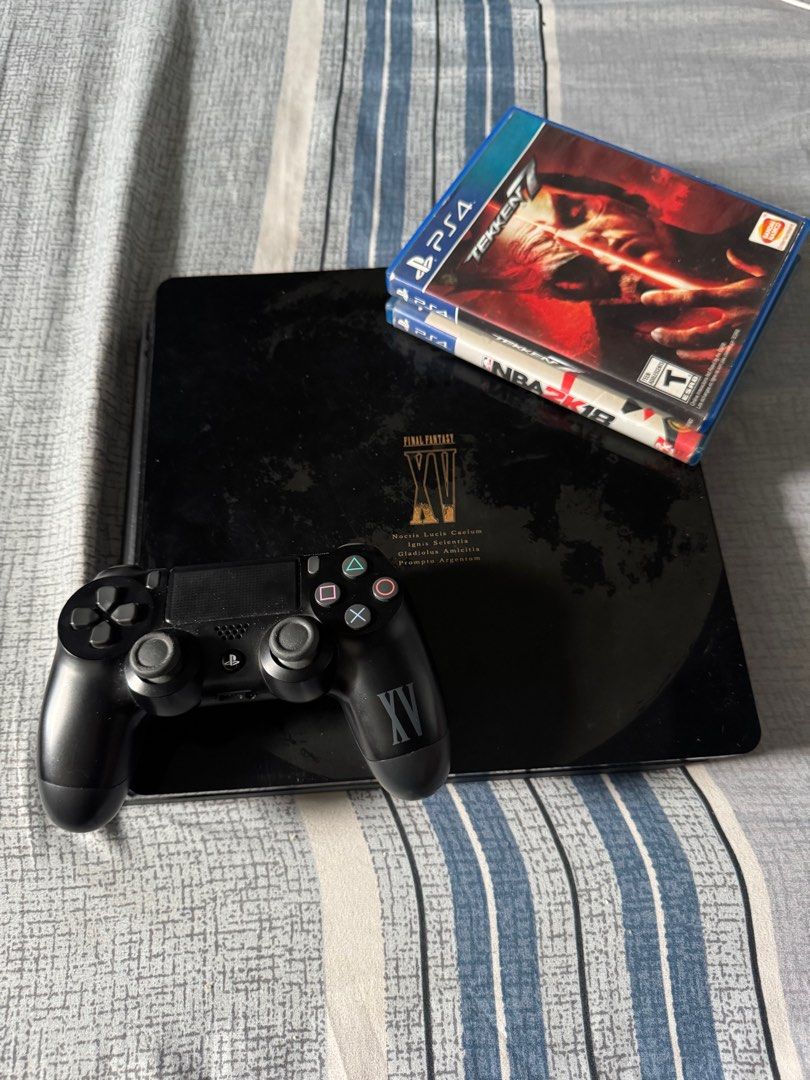 PS4 Final Fantasy 15 Slim 1TB + 2 controllers & 2 games (read description) (Category: PlayStation) located in Pasig City. Submitted by robbiseraphin (Listing ID 1396398894, Image 1). Description: Selling: PS4 Slim 1TB final fantasy edition - 1 v2 final fantasy original controller - 2 cd games (pipili kayo sa options ko) - complete wires - latest firmware - recently cleaned Freebie: 1 camo OEM controller pero working lang pag wired = 6k php.