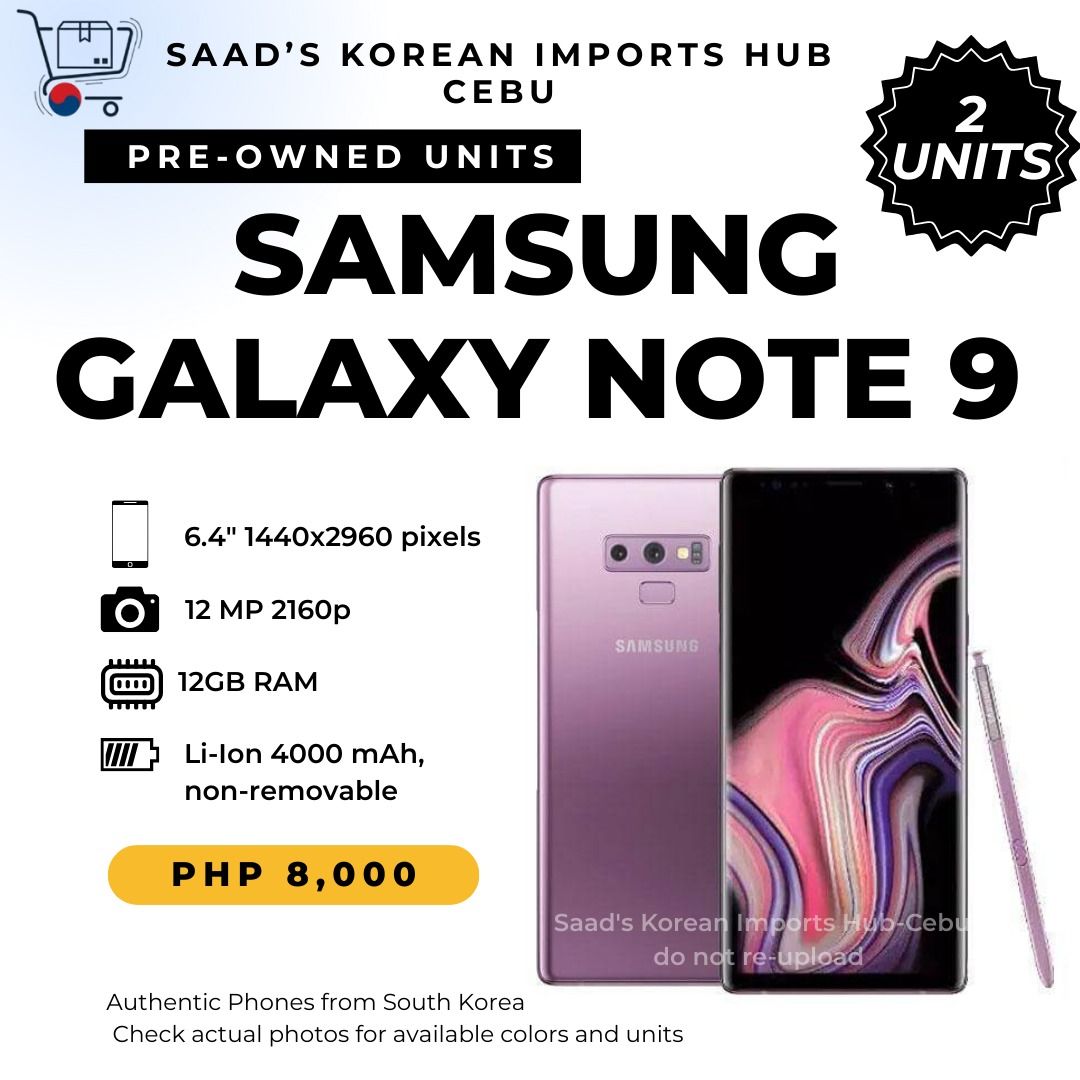Samsung Galaxy Note 9 (128GB / 6GB RAM (Category: Samsung) located in Caloocan City. Submitted by montecillo91289 (Listing ID 1396446407, Image 1). Description: Powerful and reliable, imported preloved unit from South Korea. 128GB storage / 6GB RAM – still one of the most solid Samsung phones. S-Pen included, perfect for productivity & creatives. 2 units available. Location: Catmon/Cebu City Price: ₱8,000 each Payment / Delivery Options: Public M