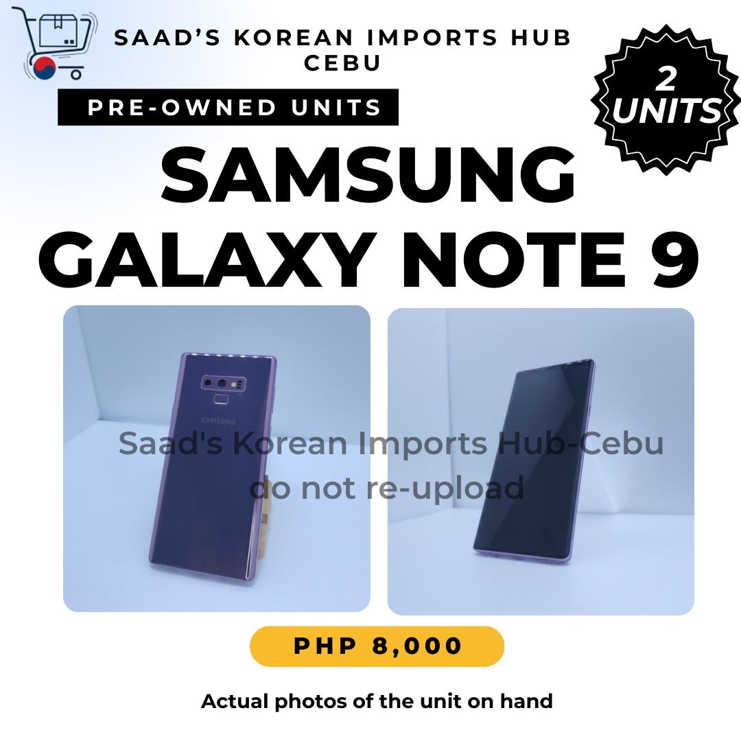 Samsung Galaxy Note 9 (128GB / 6GB RAM (Category: Samsung) located in Caloocan City. Submitted by montecillo91289 (Listing ID 1396446407, Image 2). Description: Powerful and reliable, imported preloved unit from South Korea. 128GB storage / 6GB RAM – still one of the most solid Samsung phones. S-Pen included, perfect for productivity & creatives. 2 units available. Location: Catmon/Cebu City Price: ₱8,000 each Payment / Delivery Options: Public M