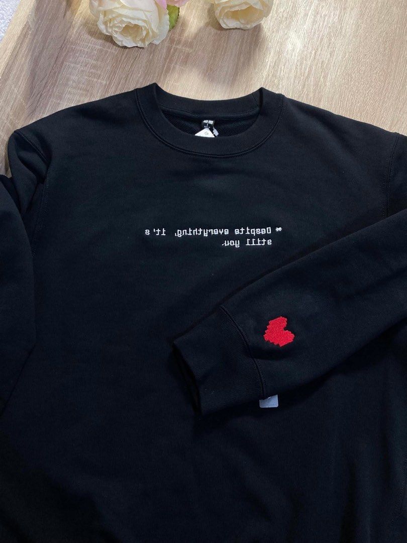 Undertale Black Embroidered Uniqlo Sweater (Category: Coats, Jackets and Outerwear) located in Paranaque City. Submitted by chjn_ (Listing ID 1396467191, Image 1). Description: - Custom embroidered Uniqlo sweater - Worn only once to fit Measurements when laid flat: Length: 24.5in Width (shoulder): 18.5in Body width: 21in Sleeve length (center back): 31.5in RFS: bought the wrong size.