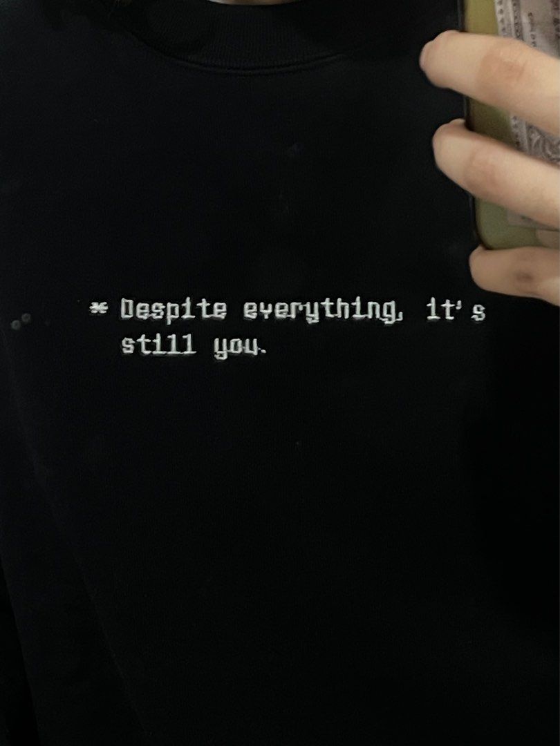 Undertale Black Embroidered Uniqlo Sweater (Category: Coats, Jackets and Outerwear) located in Paranaque City. Submitted by chjn_ (Listing ID 1396467191, Image 2). Description: - Custom embroidered Uniqlo sweater - Worn only once to fit Measurements when laid flat: Length: 24.5in Width (shoulder): 18.5in Body width: 21in Sleeve length (center back): 31.5in RFS: bought the wrong size.