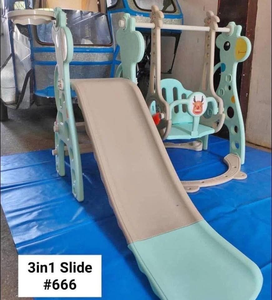 3-in-1 Slide with Swing (Category: Infant Playtime) located in San Jose del Monte. Submitted by yankeee88 (Listing ID 1396635191, Image 1). Description: - 3-in-1 Playset: Slide and Swing combo - Available Colors: Pink and Mint Green - Slide: Gentle slope for safe sliding - Swing: Comfortable seat with backrest - Perfect for indoor and outdoor use.