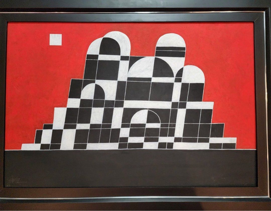 Abstract Geometric Painting with Frame (Category: Art & Prints) located in Manila. Submitted by token26 (Listing ID 1396608527, Image 1). Description: - Arturo luz - 2ft x 3 ft size - Features geometric design - Colors: Black, white, and red - Framed in black - Unique composition - Ideal for art collection or home decor.