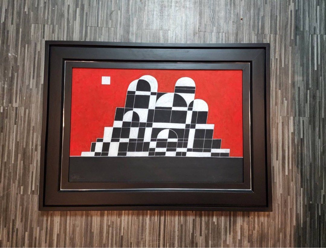 Abstract Geometric Painting with Frame (Category: Art & Prints) located in Manila. Submitted by token26 (Listing ID 1396608527, Image 2). Description: - Arturo luz - 2ft x 3 ft size - Features geometric design - Colors: Black, white, and red - Framed in black - Unique composition - Ideal for art collection or home decor.