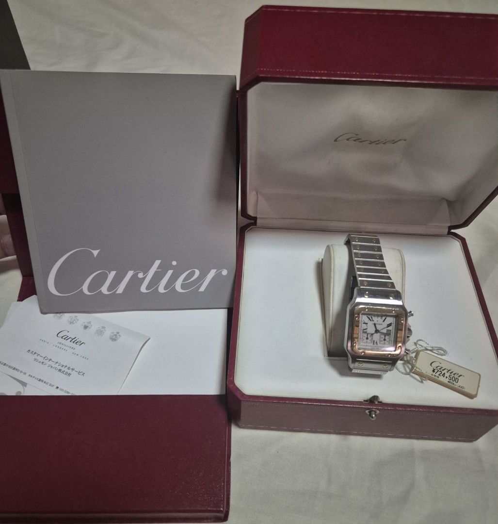 Cartier Santos 100 Chronograph Watch (Category: Luxury Watches) located in Roxas City. Submitted by bosespeaker (Listing ID 1396495477, Image 1). Description: - RARE ⌚️Discontinued model. - Authentic Cartier Santos 100 Chronograph - Silver and gold-tone stainless steel bracelet and case - White dial with Roman numeral hour markers - Chronograph sub-dials - Includes original box, papers, and tag - Cartier logo on clasp - Part of my collection. Bou