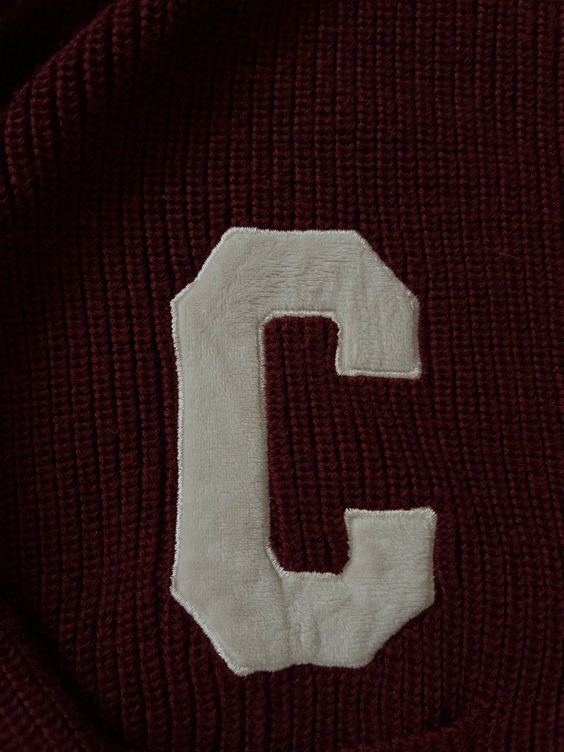 Celine Paris Varsity Cardigan XL (Category: Coats, Jackets and Outerwear) located in Baguio. Submitted by nickguard (Listing ID 1396526018, Image 2). Description: - Celine Paris cardigan - Maroon color - Size XL - White "C" patch on front - "CELINE PARIS" lettering on back - Button-up front - Two pockets - White striped cuffs and hem - No issues.