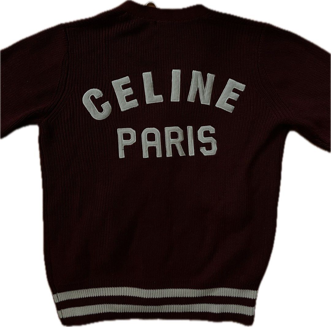 Celine Paris Varsity Cardigan XL (Category: Coats, Jackets and Outerwear) located in Baguio. Submitted by nickguard (Listing ID 1396526018, Image 3). Description: - Celine Paris cardigan - Maroon color - Size XL - White "C" patch on front - "CELINE PARIS" lettering on back - Button-up front - Two pockets - White striped cuffs and hem - No issues.