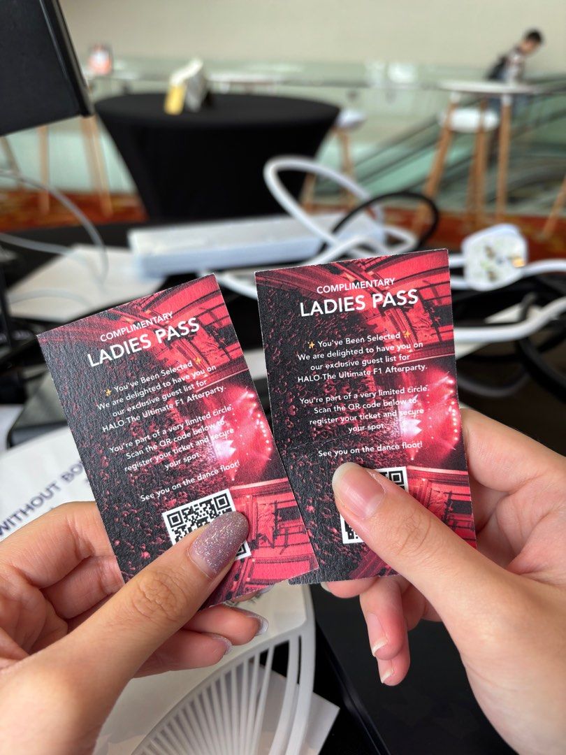 Complimentary Ladies Pass to HALO F1 Afterparty (Category: Vouchers) located in Singapore. Submitted by blueradish (Listing ID 1396525393, Image 2). Description: URGENT WTS FOR TONIGHT - 2 Ladies Passes to HALO The Ultimate F1 Afterparty - $180 each (open to nego) - Date: 5th October 2025 - Venue: Capitol Theatre, Kempinski Hotel - Featuring: Dennis Ferrer, Stephan Jolk, Abana .