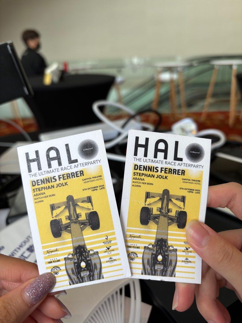 Complimentary Ladies Pass to HALO F1 Afterparty (Category: Vouchers) located in Singapore. Submitted by blueradish (Listing ID 1396525393, Image 1). Description: URGENT WTS FOR TONIGHT - 2 Ladies Passes to HALO The Ultimate F1 Afterparty - $180 each (open to nego) - Date: 5th October 2025 - Venue: Capitol Theatre, Kempinski Hotel - Featuring: Dennis Ferrer, Stephan Jolk, Abana .