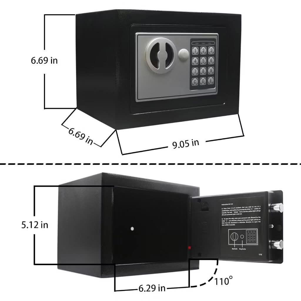 Digital Security Safety vault (Category: Safe) located in Manila. Submitted by lyfrancois14 (Listing ID 1396495752, Image 1). Description: - Digital security safe with keypad access. - Dimensions: 9.05 inches wide, 6.69 inches high, and 6.69 inches deep. - Black color. - 110-degree door opening. - Interior and locking mechanism visible when open..