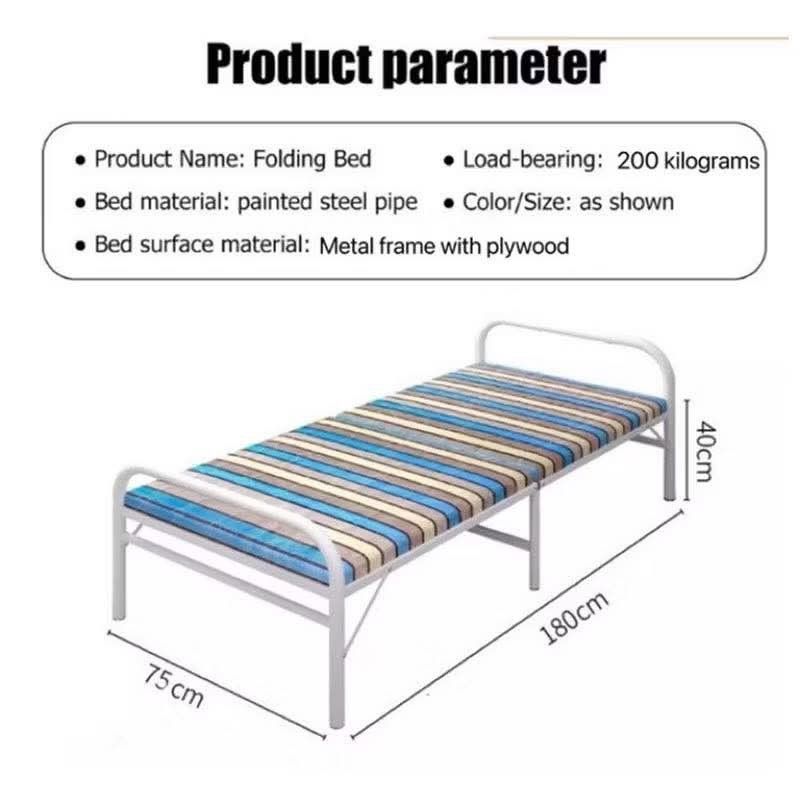 Folding Bed - Metal Frame with Plywood (Category: Bed Frames & Mattresses) located in Manila. Submitted by lyfrancois14 (Listing ID 1396499850, Image 1). Description: - Perfect for guests or small spaces - Sturdy metal frame - Durable plywood bed surface - Weight capacity: up to 200kg - Material: Painted steel pipe - Size: 180cm x 75cm x 40cm - Color/Size: as shown.