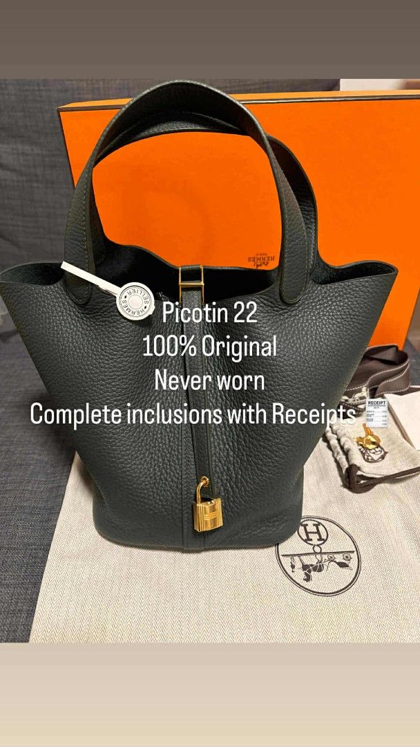 Hermes Picotin 22 Handbag (Category: Luxury Bags & Wallets) located in Bacoor. Submitted by angelguanco (Listing ID 1396493014, Image 1). Description: - Authentic Hermes Picotin 22 - Dark grey color - Includes padlock closure - Complete inclusions with receipts - Comes with original box and dust bag - Classic tote design - Structured shape.