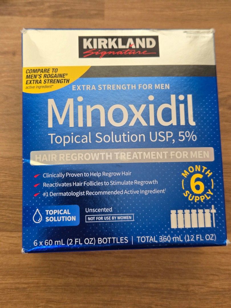 Kirkland Minoxidil 5% Topical Solution - 6 Month Supply (Category: Hair) located in Singapore. Submitted by bcuri (Listing ID 1396478299, Image 1). Description: - Kirkland Minoxidil 5% Topical Solution for Men - 6 bottles, 60ml each - Unscented - Expiry Date: Feb 2027 - Clinically proven for hair regrowth - Reactivates hair follicles - Brand new This is the more commonly used liquid form applied with a dropper. Also have the foam type listed sepa