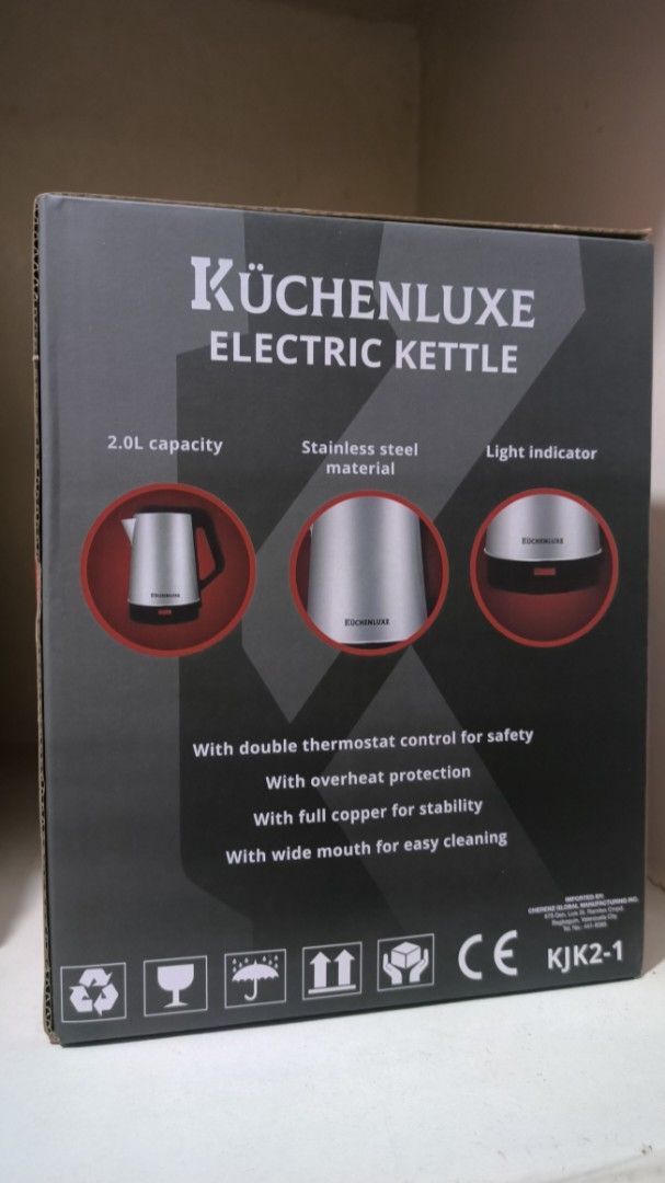 Kuchenluxe Electric Kettle KJK2-1 (Category: Kettles & Airpots) located in Pateros City. Submitted by von282 (Listing ID 1396628293, Image 2). Description: - Kuchenluxe Electric Kettle - 2.0L Capacity - Stainless Steel - Light Indicator - Double Thermostat for Safety - Overheat Protection - Wide Mouth for Easy Cleaning - Model: KJK2-1 - Brand New/Never used - RFS: Brand preference.