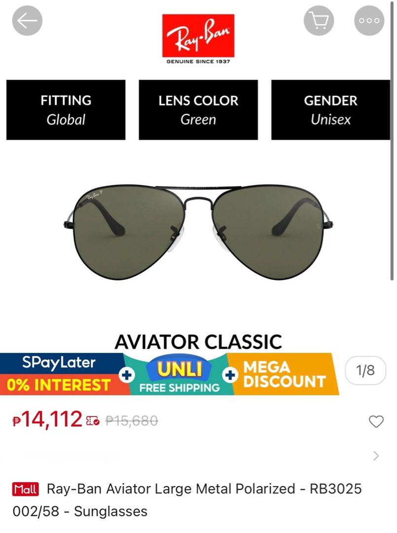 Ray-Ban Aviator Large Metal Sunglasses (Category: Sunglasses & Eyewear) located in Manila. Submitted by ewikamiy (Listing ID 1396562688, Image 1). Description: - Authentic Ray-Ban Aviator Large Metal sunglasses - Classic aviator design - Green lenses - Black metal frame - Model: RB3025 - Lens size: 58mm - Made in Italy - Unisex design - Features Ray-Ban logo.