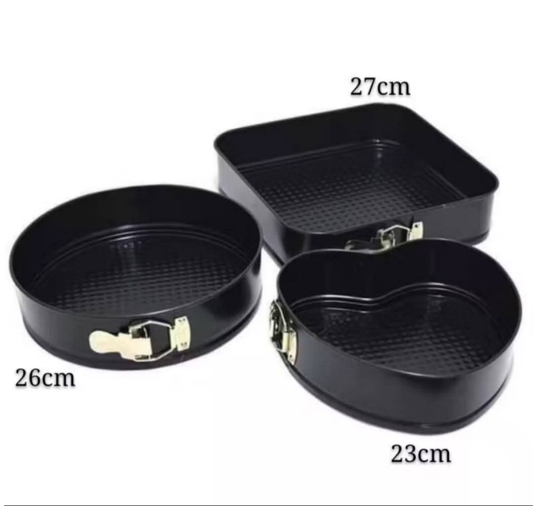 Springform Cake Pans Set (Category: Bakeware) located in Manila. Submitted by yzlshop (Listing ID 1396484615, Image 1). Description: - Includes round (26cm), square (27cm), and heart-shaped (23cm) springform pans. - Perfect for cakes, cheesecakes, and other desserts. - Features a non-stick surface. - Easy release and cleaning. - Ideal for home bakers and professionals..