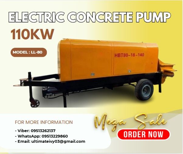 110kw ELECTRIC CONCRETE PUMP Model : LL-80 (Category: Construction Tools & Equipment) located in Malabon City. Submitted by moannataga43633 (Listing ID 1396753740, Image 1). Description: LL-80-ELECTRIC This product is designed by the original Sany pump truck engineer and adopts high- quality accessories. The service life of the main material tank is 4 0 , 0 0 0 cubic meters. It is mainly used for secondary structural column pouring, floor heating