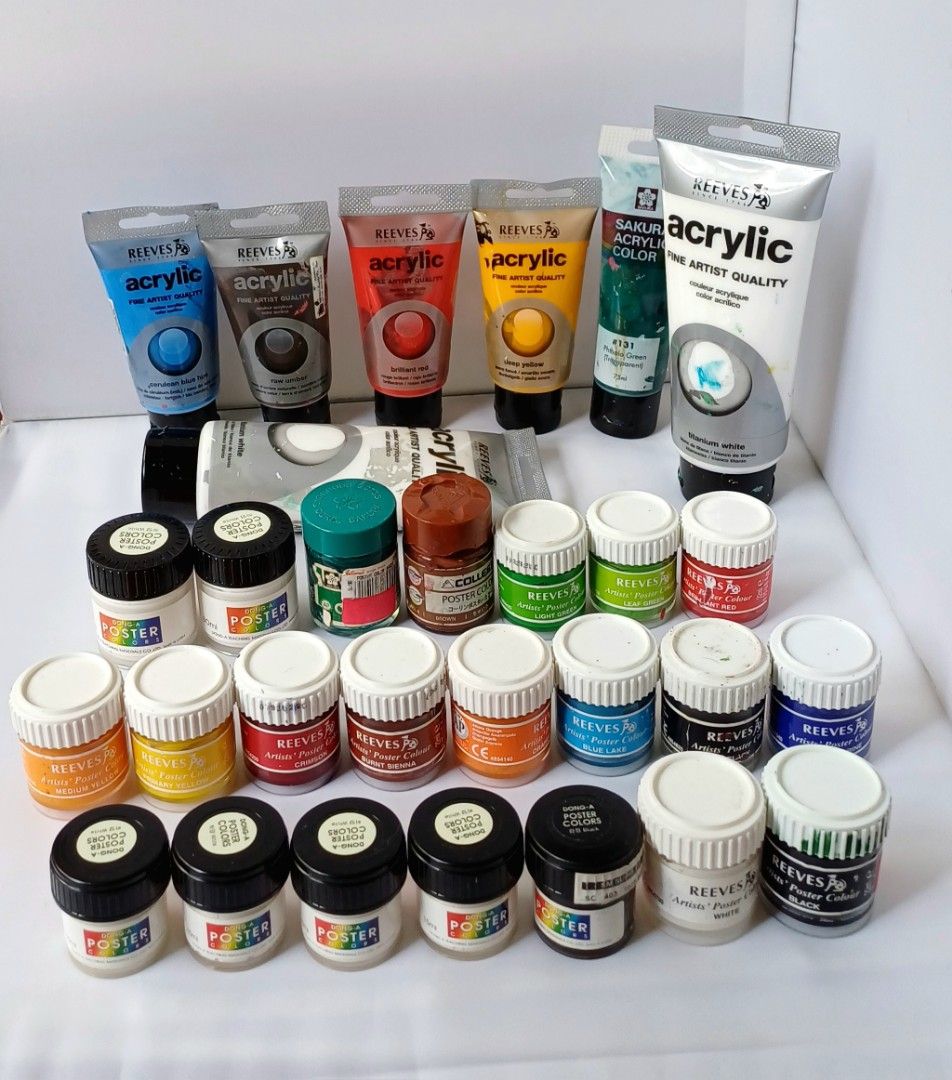 USED Acrylic & Poster Color Paints (Category: Craft Supplies & Tools) located in Manila. Submitted by thetabbycat (Listing ID 1396758283, Image 1). Description: SELLING FOR P100 EACH, can give discounts if buying in bulk Brands: Reeves, Sakura, Dong-A Quantity inside varies, will only take and send pics to serious buyers.
