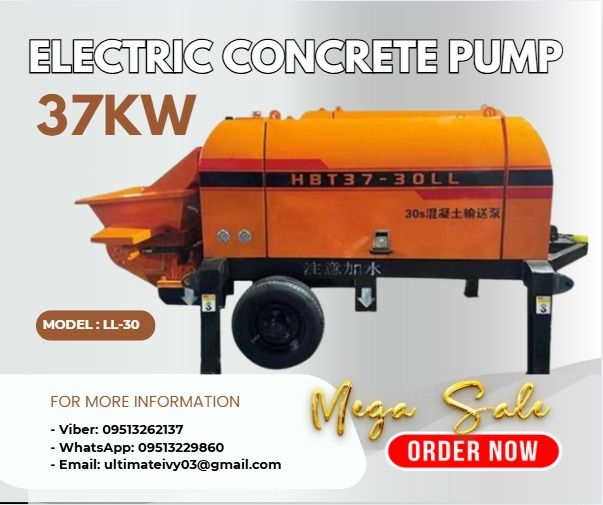 37kw ELECTRIC CONCRETE PUMP Model : LL-30 (Category: Construction Tools & Equipment) located in Caloocan City. Submitted by clevertiger-b8cb (Listing ID 1396750298, Image 1). Description: LL-30-ELECTRIC This product is designed by the original Sany pump truck engineer and uses high- quality accessories. The service life of the main material tank is 6 0 , 0 0 0 cubic meters. Mainly used for concrete pouring, transportation and other general constr