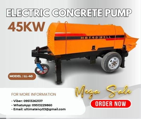 45kw ELECTRIC CONCRETE PUMP Model : LL-40 (Category: Construction Tools & Equipment) located in Caloocan City. Submitted by clevertiger-b8cb (Listing ID 1396751546, Image 1). Description: LL-40-ELECTRIC This product is designed by the original Sany pump truck engineer and uses high- quality accessories. The service life of the main material tank is 6 0 , 0 0 0 cubic meters. Mainly used for concrete pouring, transportation and other general constr