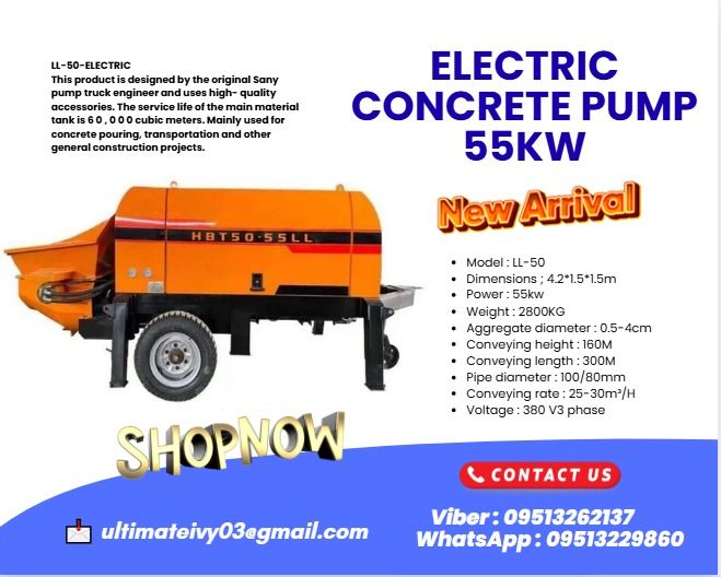 55kw ELECTRIC CONCRETE PUMP Model : LL-50 (Category: Construction Tools & Equipment) located in Caloocan City. Submitted by casesarian62993 (Listing ID 1396734105, Image 1). Description: LL-50-ELECTRIC This product is designed by the original Sany pump truck engineer and uses high- quality accessories. The service life of the main material tank is 6 0 , 0 0 0 cubic meters. Mainly used for concrete pouring, transportation and other general constru