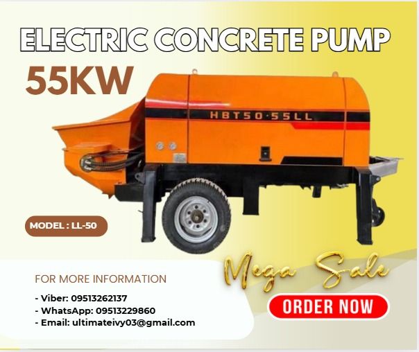 55kw ELECTRIC CONCRETE PUMP Model : LL-50 (Category: Construction Tools & Equipment) located in Malabon City. Submitted by moannataga43633 (Listing ID 1396752215, Image 1). Description: LL-50-ELECTRIC This product is designed by the original Sany pump truck engineer and uses high- quality accessories. The service life of the main material tank is 6 0 , 0 0 0 cubic meters. Mainly used for concrete pouring, transportation and other general construc