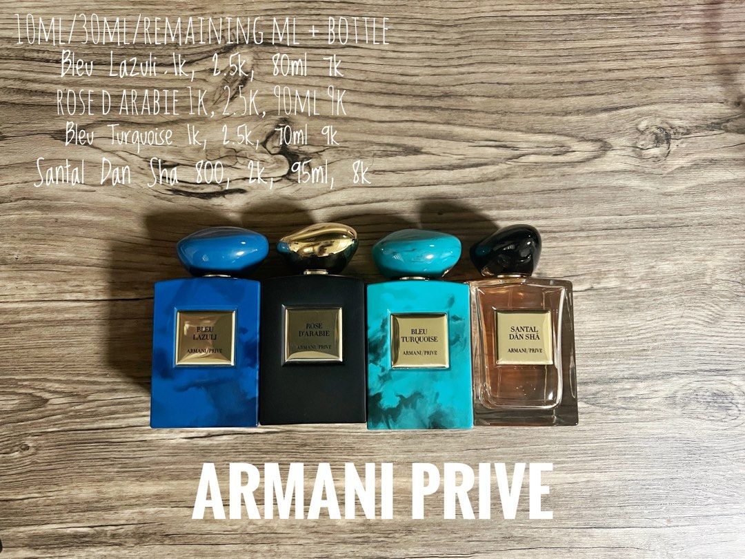 Armani Prive Collection for Decants or Partial (Category: Fragrance & Deodorants) located in Manila. Submitted by turntpotato (Listing ID 1396666019, Image 1). Description: P1, Partial or Decants 10ml/30ml/Remaining ML + bottle Bleu Lazuli 1k, 2.5k, 80ml 7k Rose d Arabie 1k, 2.5k, 90ml 9k Bleu Turquoise 1k, 2.5k, 70ml 9k Santal Dan Sha 800, 2k, 95ml 8k.
