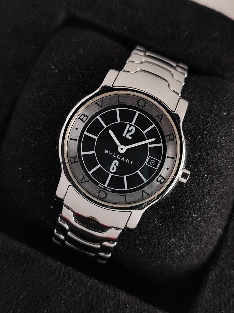Bvlgari Solotempo 35mm (Category: Luxury Watches) located in San Juan City. Submitted by MW_888 (Listing ID 1396805831, Image 1). Description: 2001 Bvlgari Solotempo 35mm Ref ST35 9.3/10 condition Inclusions: watch, original bracelet fit to approx 7.5" wrist, Bvlgari certificate and watch case *photo reference on 6.5" wrist 80k.