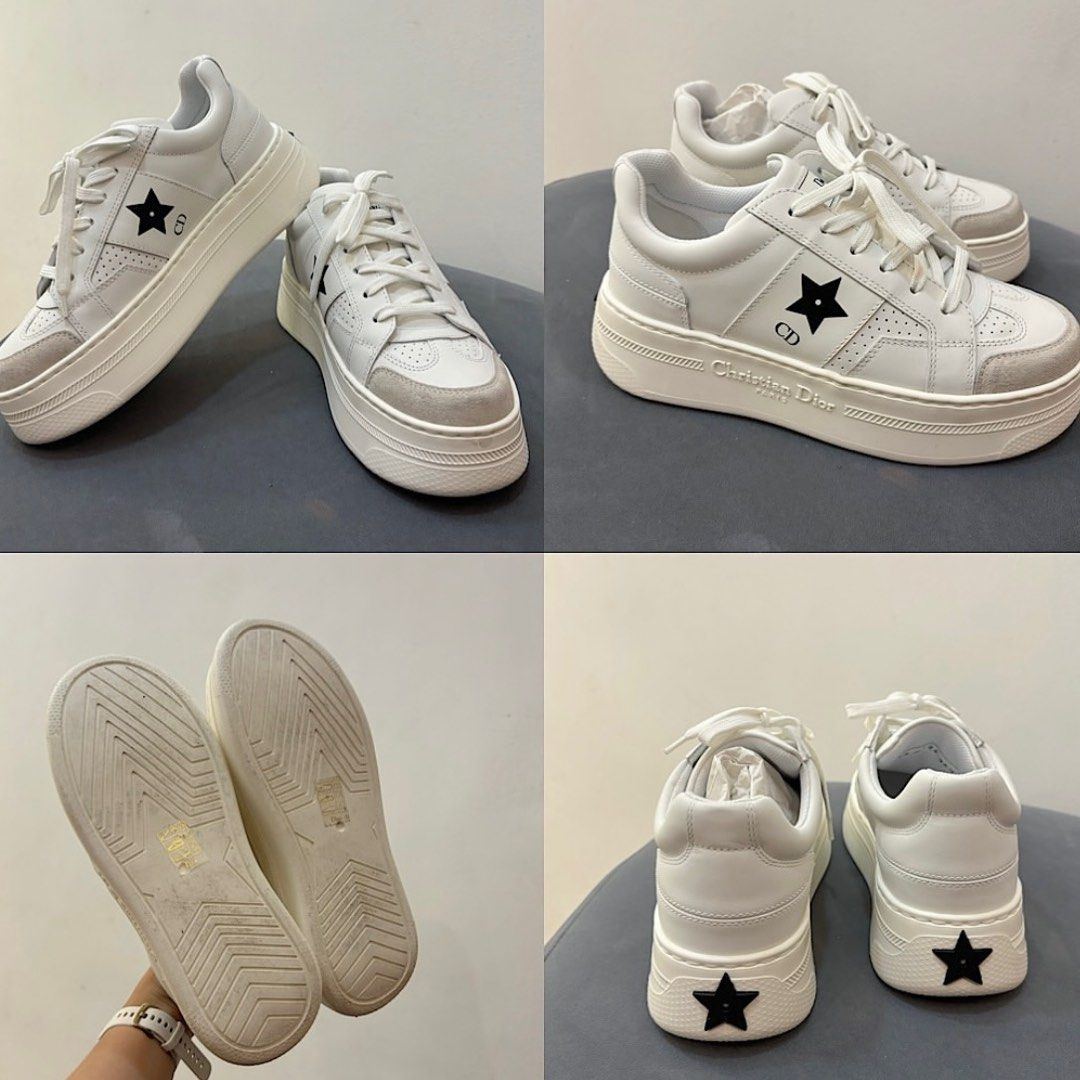 Christian Dior White Sneakers (Category: Sneakers & Footwear) located in Manila. Submitted by declutterrrrrrrph (Listing ID 1396710281, Image 2). Description: - White sneakers -23.5 cm / bought for 65k - Star design - Christian Dior logo - Thick sole - White laces - Box included - White upper - Suede-like toe area.