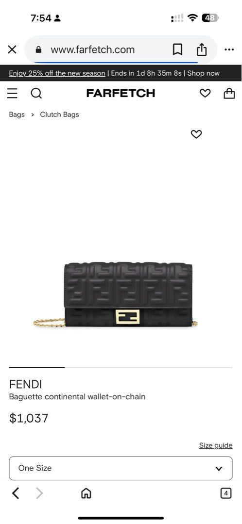 FENDI BAGUETTE CONTINENTAL WALLET ON CHAIN 100% authentic (Category: Luxury Bags & Wallets) located in Pasig City. Submitted by cinarty.shops (Listing ID 1396780454, Image 2). Description: BEST DEAL Complete inclusion! Authentic - USED ONLY for my sister’s wedding and reception. Hard to let go. Outer: Lamb Skin 100% very soft and luxurious, Gold Plated Metal 100%.