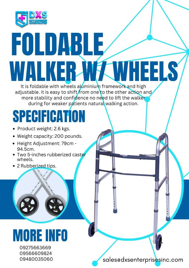 FOLDABLE WALKER W/ WHEELS (Category: Medical Supplies & Tools) located in Quezon City. Submitted by zyra26 (Listing ID 1396698455, Image 1). Description: There are two main types of foldable walkers with wheels available: two-wheeled walkers and four-wheeled rollators. The best choice depends on the user's balance and stability needs. .