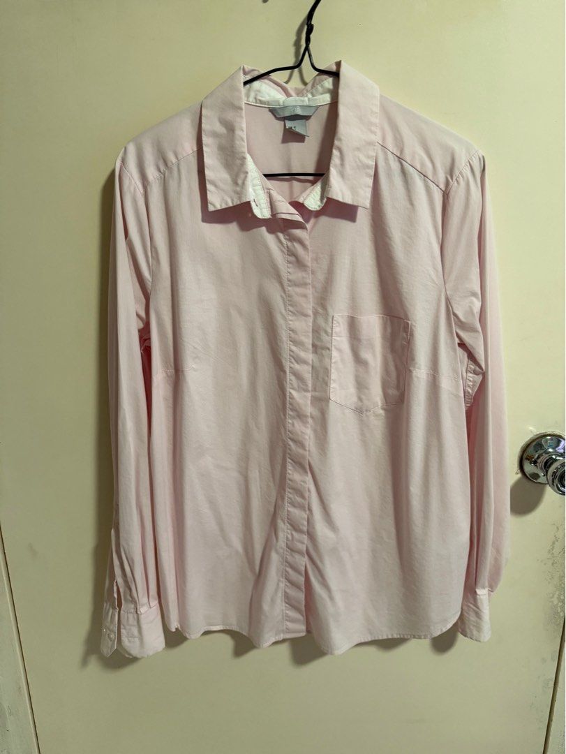 H&M baby pink long sleeves (Category: Longsleeves) located in Subic. Submitted by tinstash (Listing ID 1396785337, Image 1). Description: Preloved Size XL on tag, can fit S, M & L if u want a loose style Complete buttons In good condition .