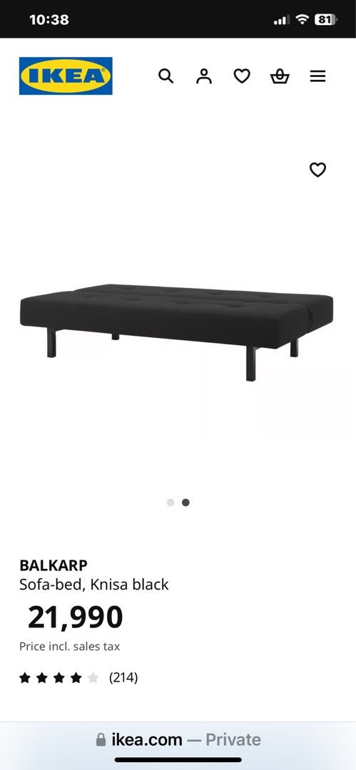 IKEA BALKARP Sleeper Sofa (Category: Sofas) located in San Jose del Monte. Submitted by emsleep (Listing ID 1396683101, Image 2). Description: - IKEA BALKARP sofa bed - Black fabric cover - Modern design - Converts easily into a bed - Button-tufted backrest - Metal legs - Perfect for small spaces and guest rooms - Easy to assemble and maintain RFS: Upgrade for a bigger sofa bed.