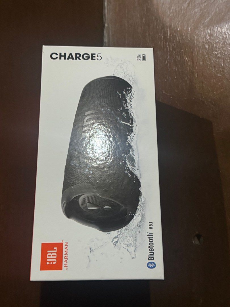 JBL Charge 5 Bluetooth Speaker (Category: Soundbars, Speakers & Amplifiers) located in Taguig. Submitted by onlineseller1 (Listing ID 1396789358, Image 1). Description: - JBL Charge 5 Bluetooth speaker - Color: Black - Bluetooth 5.1 - Up to 20 hours of playtime - Features shown on box - Made by Harman.